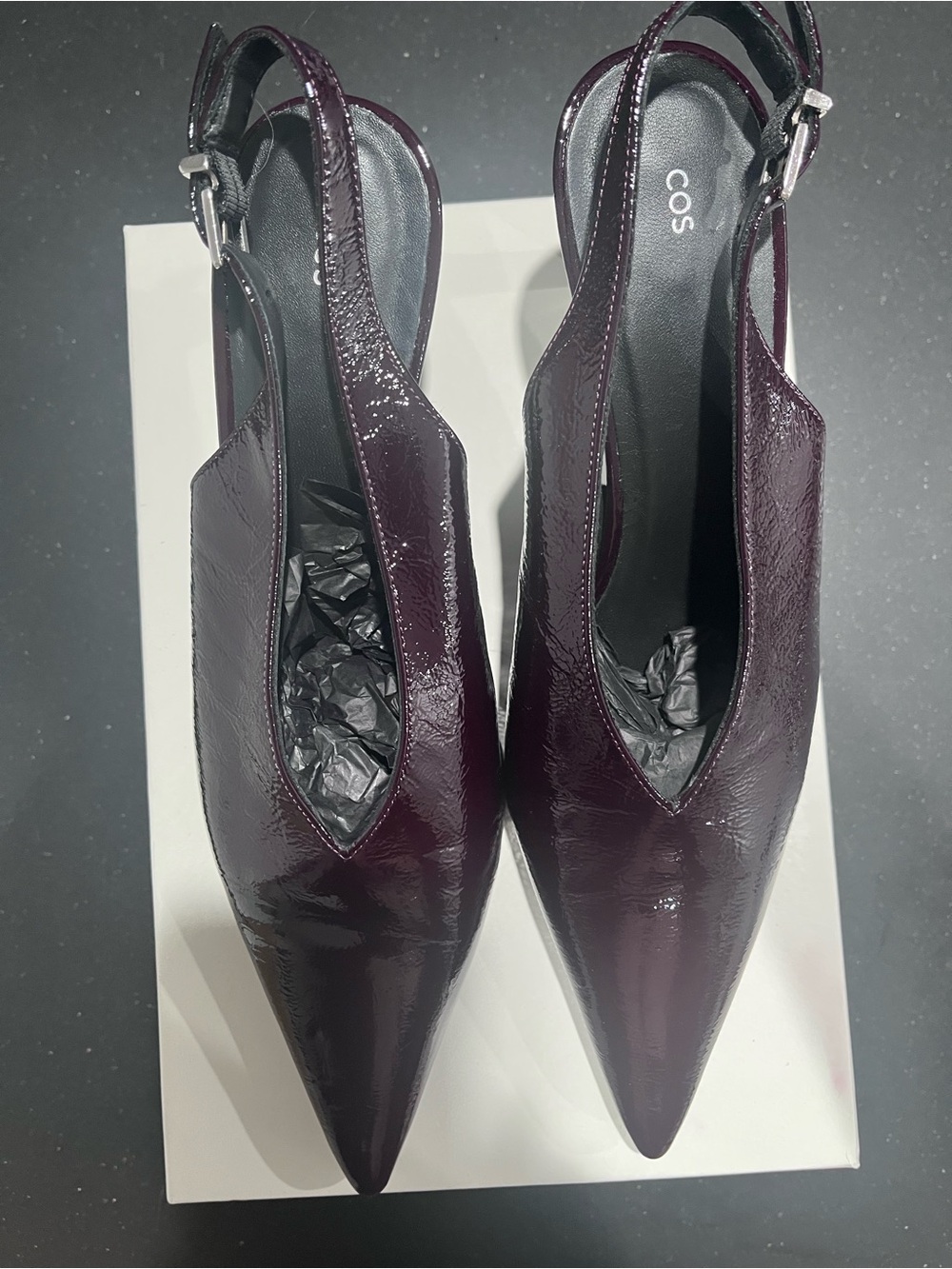 COS Patent Pointed Slingback Pumps — Plum